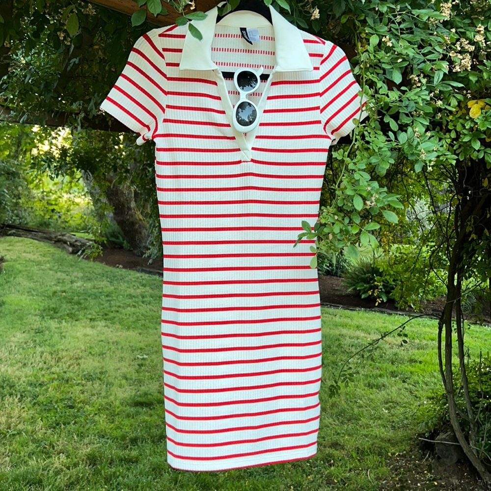 Striped Bodycon Mini Dress DIVIDED Red Stripes Polo Collar - Size M